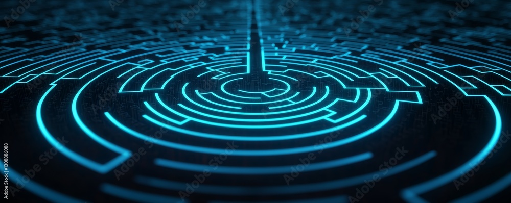 Aufkleber strategic planning forecasting concept. abstract blue maze pattern with concentric circles and a cen