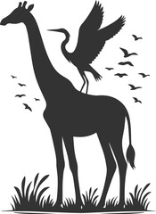 Giraffe standing with a heron on its back vector silhouette