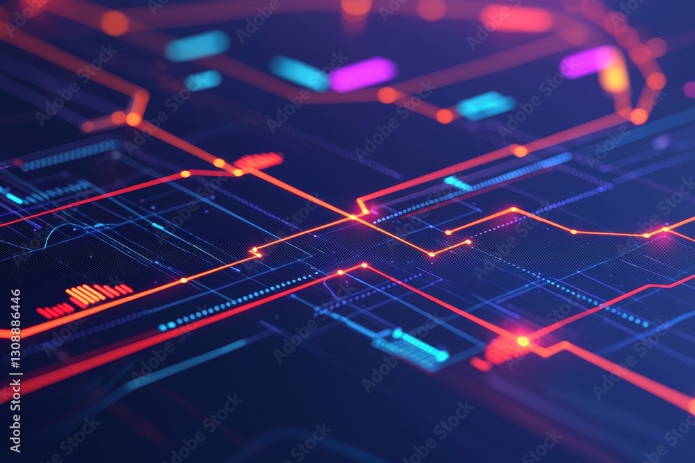Poster strategic planning forecasting concept. abstract digital circuit design with vibrant neon colors and