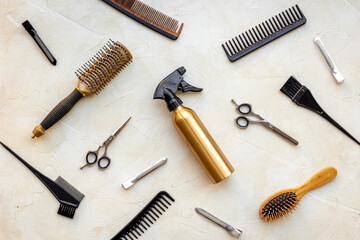 Pattern flat lay of hairdresser and barber tools and accessories, top view