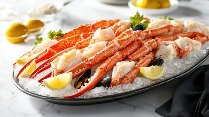 A Platter of Seafood Including Crab Legs and Shrimp on Ice
