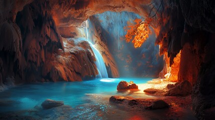 Enchanted Cave Waterfall: Blue And Orange Light Illuminates Rocks And Water