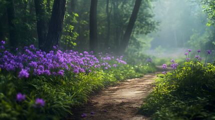 Vibrant violet flowers flourishing along the edge of a forest path, creating a magical and calming atmosphere.