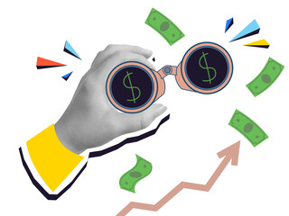 Hand holding a binoculars with a dollars sings in lenses. Concept of Searching income and profit. Illustration on transparent background in a modern collage style