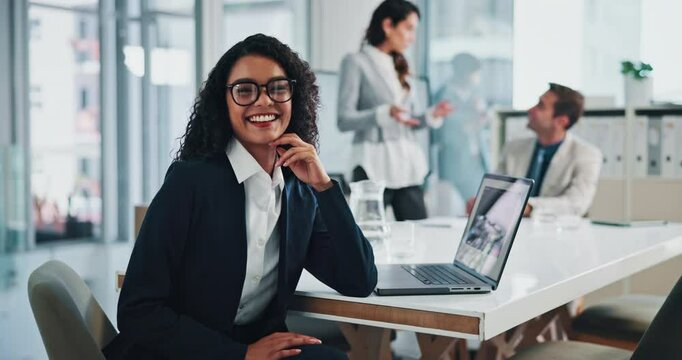 Face, HR or happy business woman in office as talent acquisition specialist with glasses. Portrait, worker or recruitment professional, hiring opportunity or headhunter coworking in corporate meeting