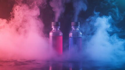 Vape liquid bottles with colorful smoke on a dark background.