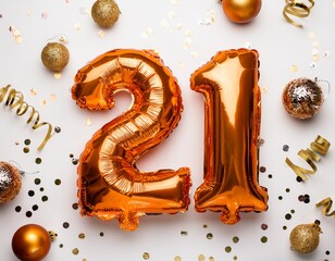 Orange balloon number 21 for twenty-first birthday or anniversary party. White background with confetti