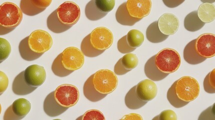 Citrus fruit halves and whole limes arranged on white background, summer food pattern