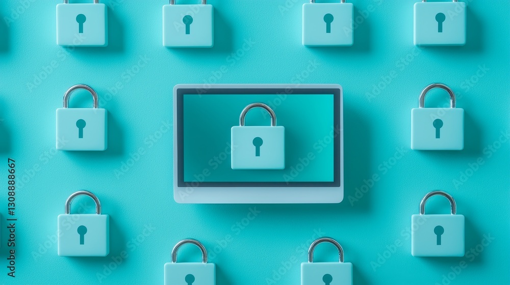 Poster digital collaboration security with remote concept. digital security concept with padlocks on a turq