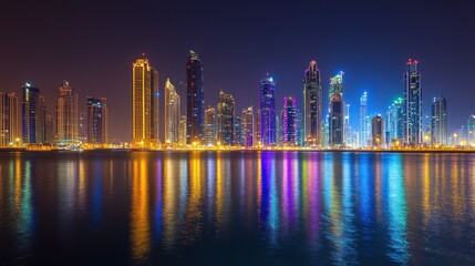 Fototapeta premium Dubai Skyline at Night, Reflections on Water
