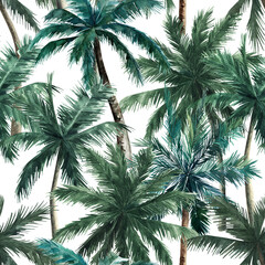 Jungle summer print. Watercolor seamless pattern with palm trees on white background. Hand drawn illustration