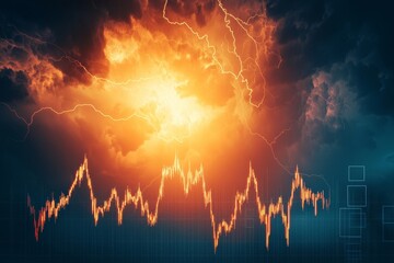Strategic Planning forecasting concept. Explosive lightning over a financial chart symbolizes market volatility.