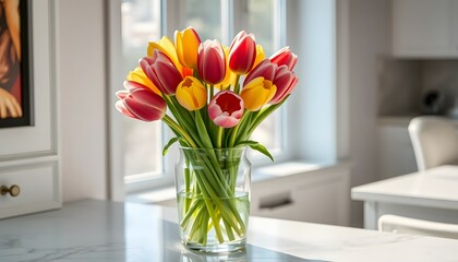 Colorful Tulip Bouquet in Glass Vase on White Surface with Natural Light