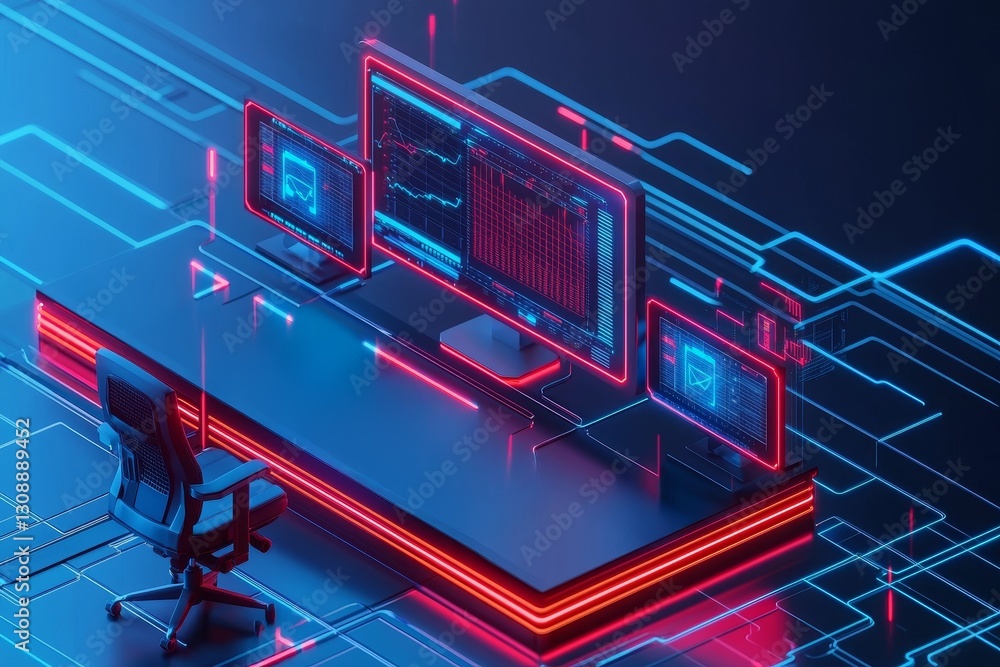 Poster digital collaboration security with remote concept. futuristic workspace with dual monitors and neon