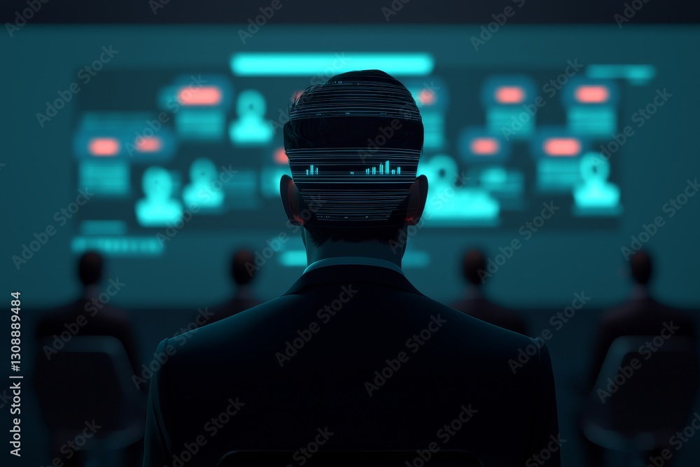 Poster virtual teams efficiency concept. futuristic scene of a person observing digital data on a screen in