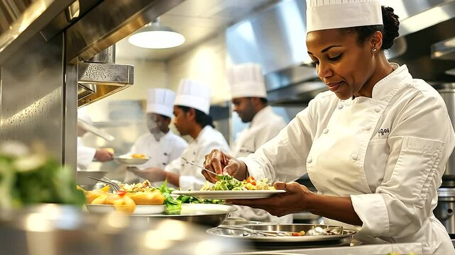 Hospital Cafeteria Worker Plating Meals with Staff Interaction