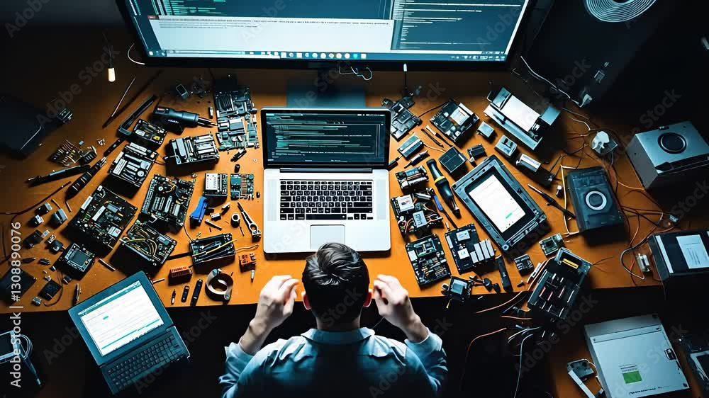 Poster hardware engineer working on a laptop at a desk surrounded by circuit boards, microcontrollers, and 