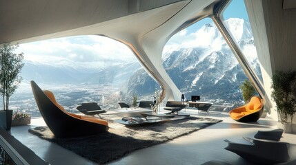Modern living room with mountain views