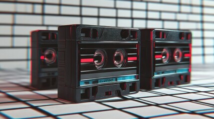 Fototapeta premium Retro Cassette Tapes on Checkered Floor
