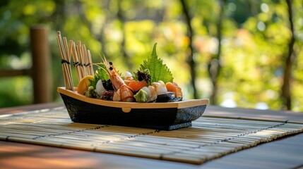 Japanese sashimi boat with seafood delicacies, served on a bamboo mat with a blurred background of a traditional dining setting.