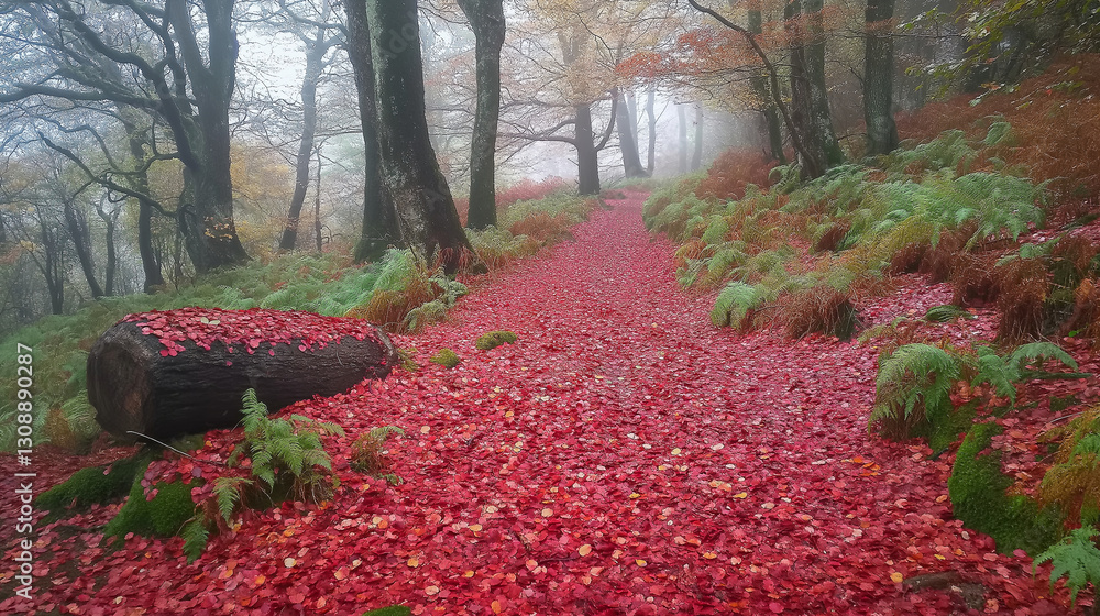 Poster autumn forest path covered in crimson leaves, fog rolling in