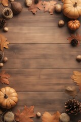 A wooden frame with a variety of autumn leaves and pumpkins