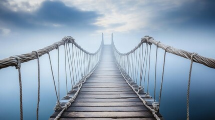 Obraz premium Suspended Journey: A Foggy Wooden Rope Bridge Reaching Towards The Horizon