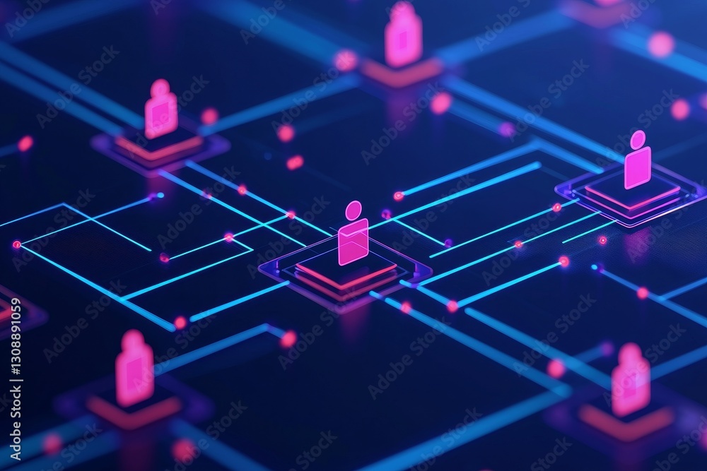 Poster digital collaboration coordination concept. digital network with user icons and neon connections in 