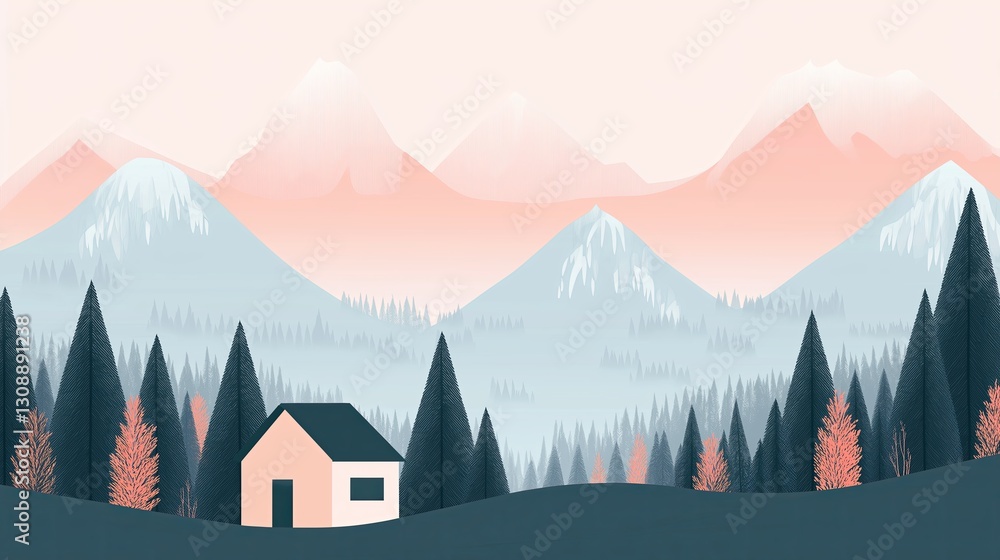 Poster flat-design mountains in muted pastels with a tiny cabin
