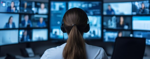 Virtual Teams efficiency concept. Person monitoring multiple screens in a control room, wearing headphones for communication.