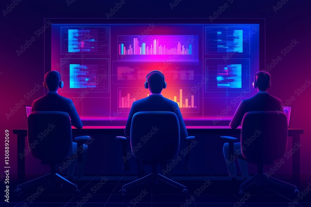 Poster virtual teams efficiency concept. three individuals monitor data on glowing screens in a high-tech e