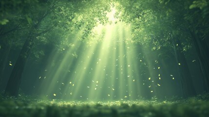 A forest with sunlight shining through the trees