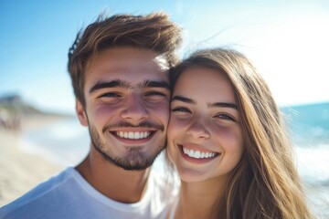 Obraz premium Happy young couple embracing and smiling on a bright summer day at the sandy beach