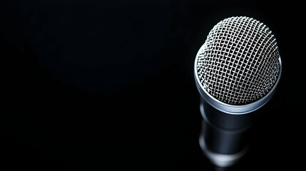 Close Up of a Silver Microphone on a Black Background Isolated Focus on the Detailed Mesh Head