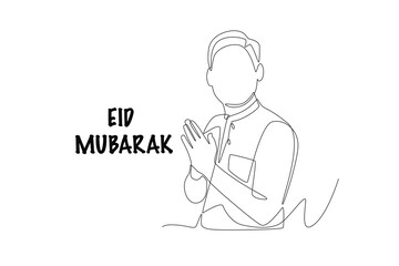 Men celebrate Eid al-Fitr. Eid mubarak concept one-line drawing