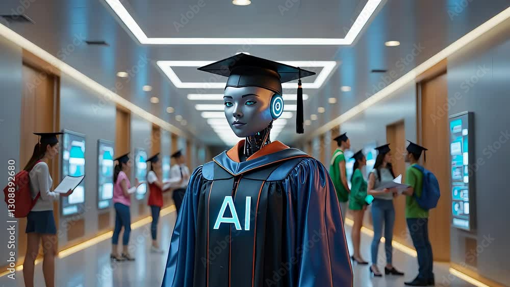 Poster artificial intelligence robot wearing a graduation cap in a modern university hallway with students 