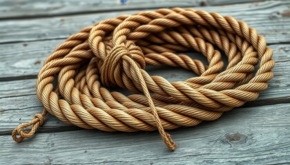 Fototapeta premium Golden Coiled Rope on Weathered Wood Surface A Textured Close-Up