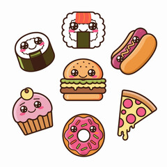 Kawaii food icons with expressive faces – Suitable for food packaging, stickers, or playful culinary branding.