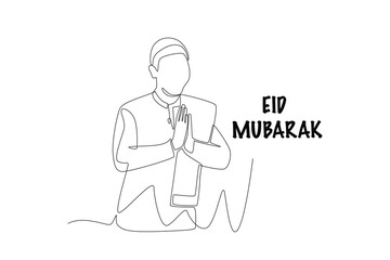 Man comes home from Eid prayers. Eid mubarak concept one-line drawing