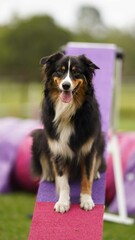 Black Tri Australian Shepherd smiling at the camera