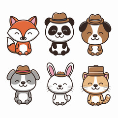 Fototapeta premium Vector illustration of cute animal icons on white background, including fox, panda, dog, rabbit, and cat wearing different hats