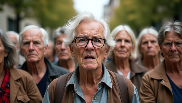elderly group stands angry faces showing collective dissatisfaction