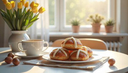 Easter Breakfast with Hot Cross Buns, Tea, and Tulips in a Cozy Sunlit Kitchen