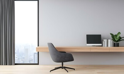 Modern Minimalistic Office Space with Desk, Chair, and Plants
