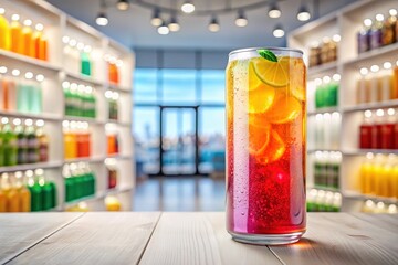 Stylish drink shop mockup, emphasizing product depth.