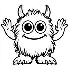 Fototapeta premium cartoon outline, Adorable fluffy monster with big round eyes and tiny horns waving happily