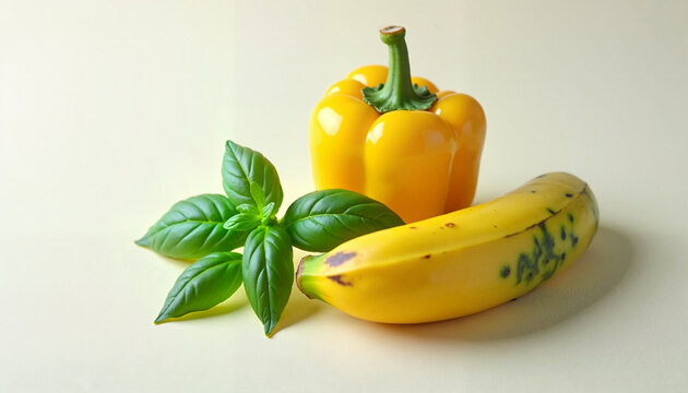 Fresh yellow bell pepper, banana, and basil on light background
