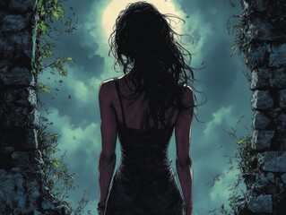 Fototapeta premium A woman stands in a doorway wearing a black dress, with a subtle hint of mystery