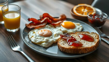 Delicious Breakfast Plate with Sunny Side Eggs, Bacon and Toast with Jam