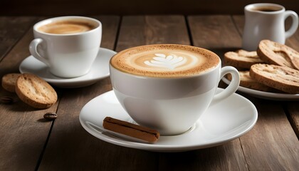 Fototapeta premium Delicious Cappuccino with Latte Art and Cookies on Wooden Table